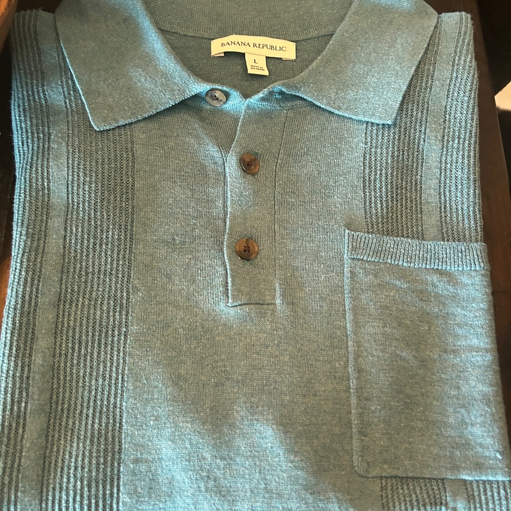 BR Men's linen Cotton Ribbed Polo Sweater - Picture 2 of 7